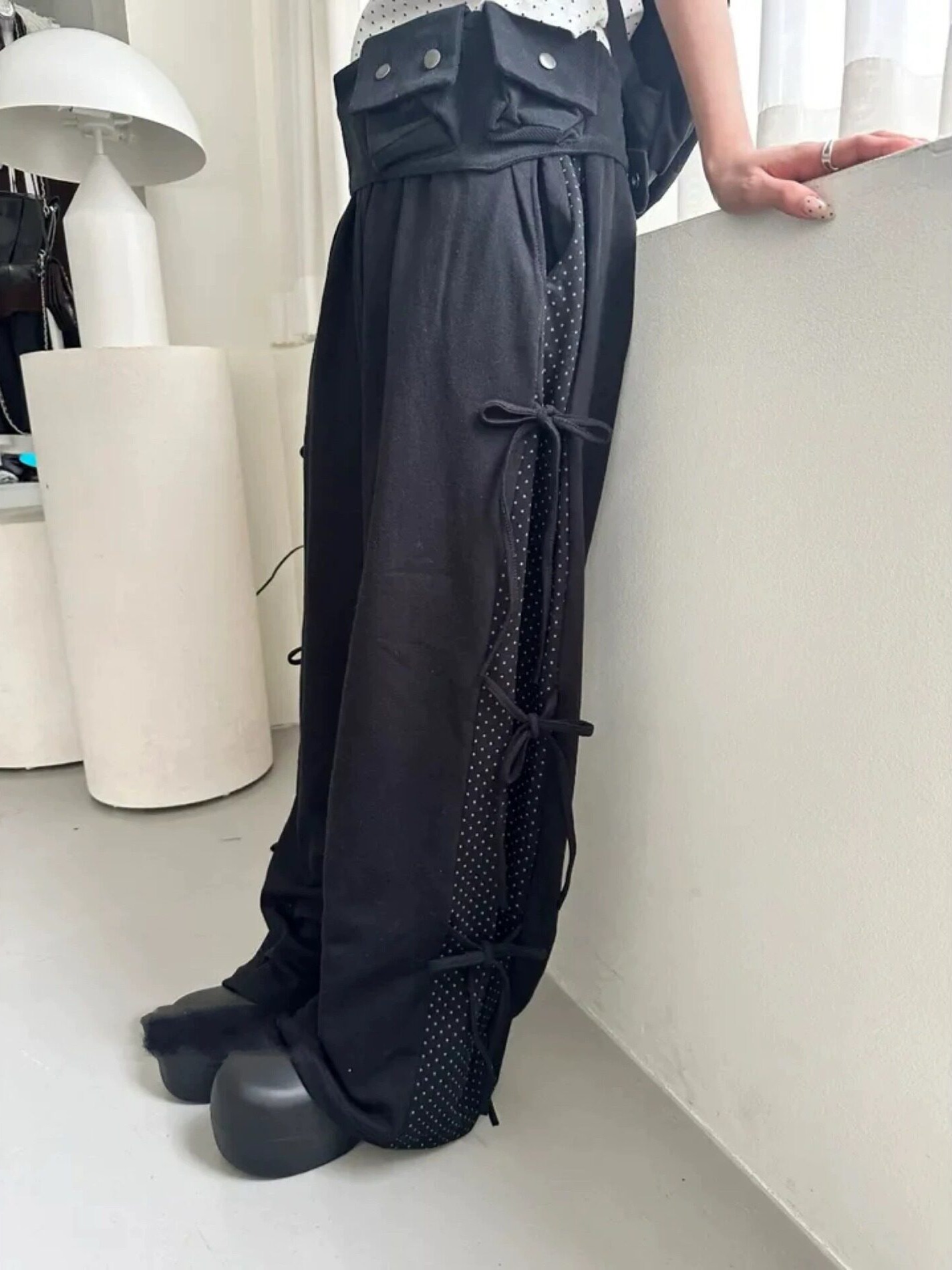 가을 겨울 폴카 도트 스플라이스 컬러 블록 벨트 캐주얼 - Korean Pants Lifestyle 리뷰 및 가격