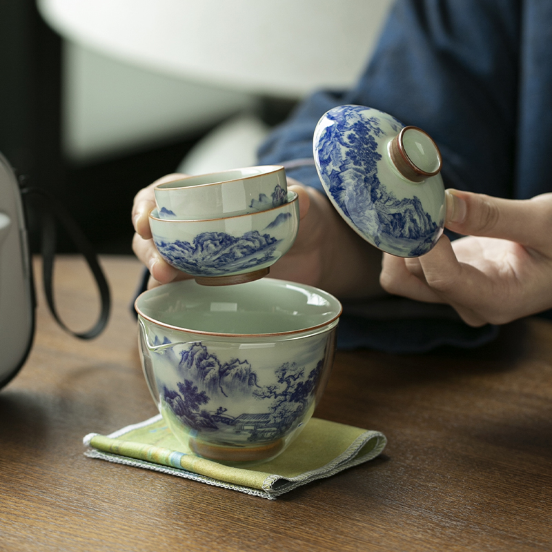 중국 레트로 청화백자 티컵 휴대용 원포트 투컵 쓰리컵  - Korean Tea Set 리뷰 및 가격